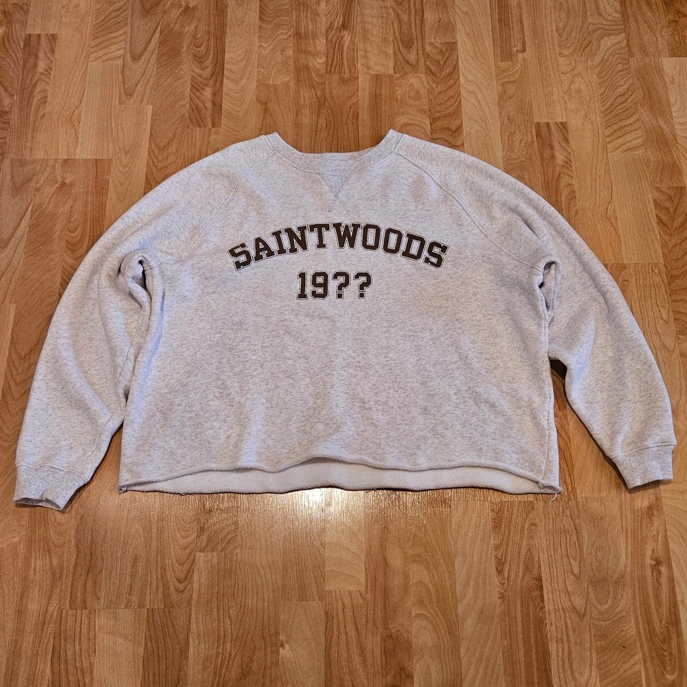 Saintwoods Sweatshirt Size L Grey Oversized Cropped Raw Hem Graphic Crewneck